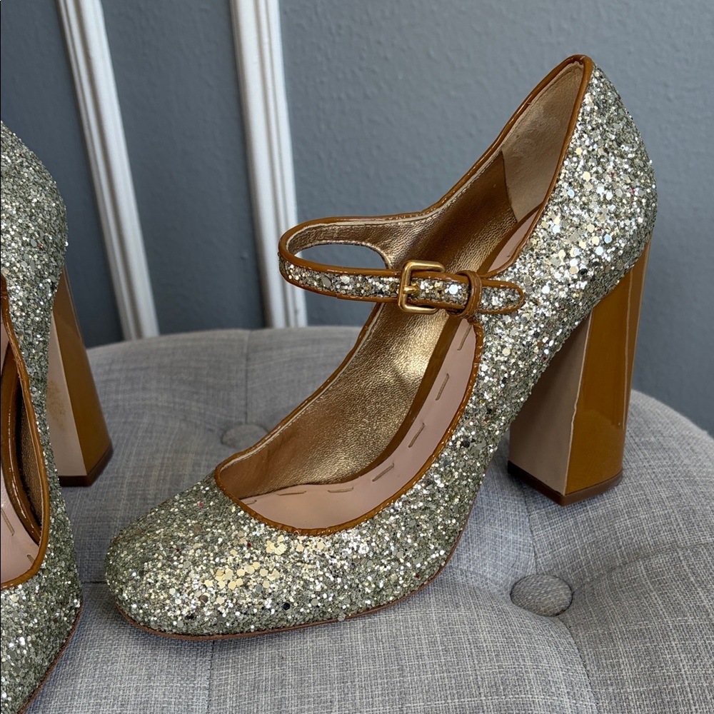 Miu Miu Gold Glitter Mary Jane Block Heels – Size 37.5 - Picture 6 of 15